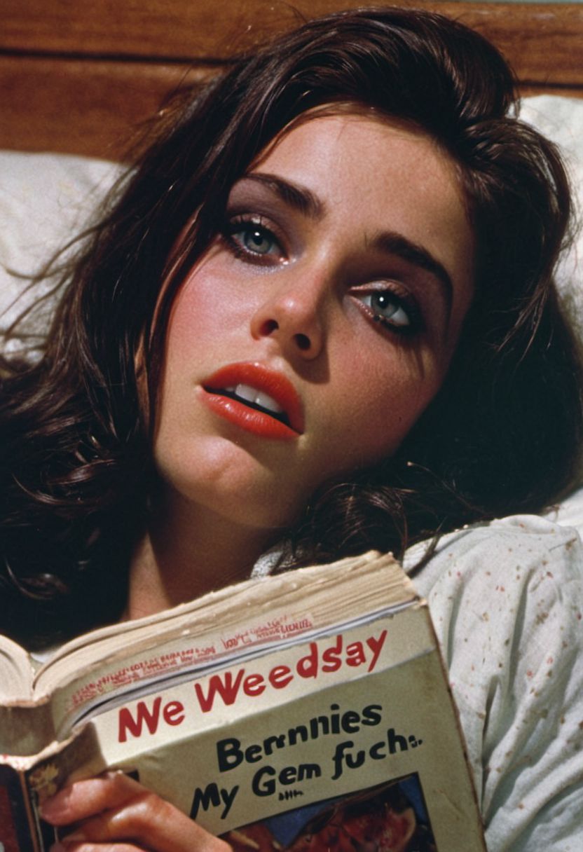 a close up of a book cover with a woman laying on a bed, bernie fuchs, wrench, it is wednesday my dudes, i_5589.jpeg, sfw, worthlessness, bench, 1 9 6 1, menacing appearance, crimes, bagels, 240p, head shot, ultra, gorgeous female, weenie, weak