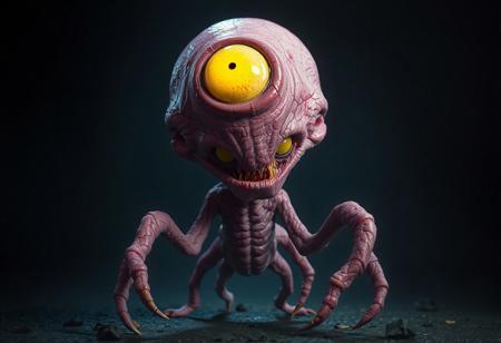"8K UE5/Octane render of a grotesque humanoid monster: oversized pink head with glowing yellow iris, tiny body, starfish-like pose. Advanced Dark backdrop highlights nanite-geometry textures (veiny skin, clawed limbs). Cinematic lighting (warm key/cool rim) accentuates cartoon-horror contrast. Post-processed with Kodak grain, chromatic aberration, and Grammer Effect color grading. Tags: #CharacterDesign #DarkFantasy #ConceptArt."