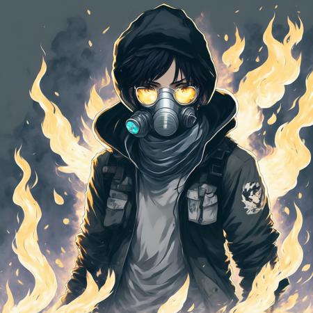 anime Surrounded by fire, hip hop pose, Portrait of the Gas Mask Senpai (GasmaskSenpai style:1) <lora:djzGasmaskSenpai:0.8)