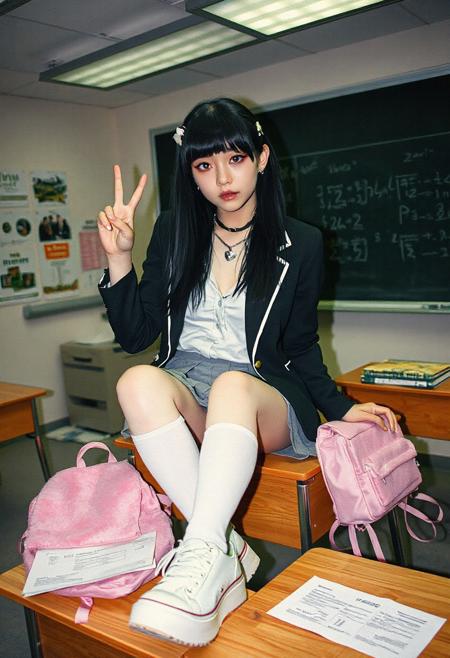 Photo-realistic, grungy analog-style photo of a beautiful emo with a small, slightly muscled hourglass figure, black goth long hair, with bangs, She’s wearing a kawaii school uniform, a blazer, white academia blouse, pleated skirt, thigh-high socks, platform sneakers, a heart-shaped choker, a egirl typical striking makeup, and hair clips. She has heavy blush makeup and a chain necklace. She is sitting on a desk, legs spread open in a fashionable manner. She is throwing a peace sign with one hand while the other hand rests on the desk she is sitting on. A pink girl furry backpack is also laying on the desk she is sitting on. The setting is a cluttered classroom with academic posters, scattered papers and scattered books on the desks, classroom florescent lights, and writing math equations on the chalkboard in the background. The photo looks raw and unedited, with visible film grain and harsh lighting from the flash. Her eyes are very pale blue, almost grey. Cool lighting. Analog style. It is a candid style photo.