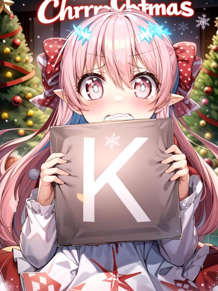 (Red Christmas dress:1.3), Christmas hair ornament, (glowing Christmas tree:1.3), (blush:1.2), Innocent, (shy:1.2), cute, Flat, Medium hair, Skirt, masterpiece, best quality, Side ponytail, (light pink hair:1.3), (gradient hair:1.0), white horns, Pointy ears, layered, frills, bare shoulders, sleeves, (Light blue hair:1.2), (Glowing sign text:1.3)