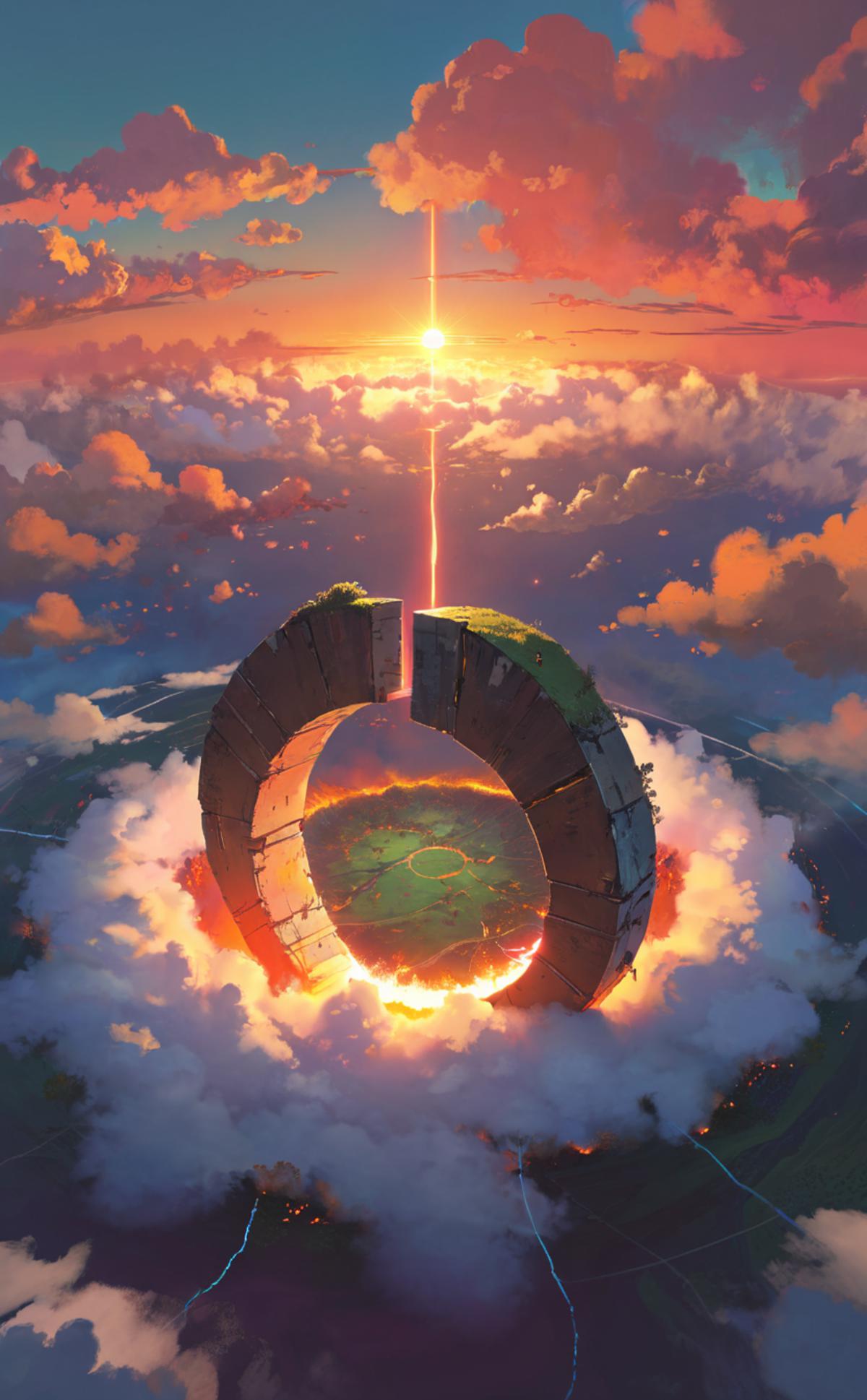 A Celestial Ring with a Field Inside and a Sun in the Background