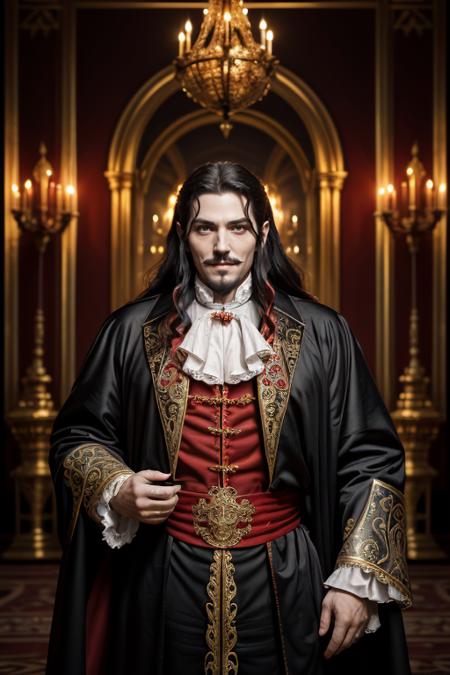 1man, photography, draculacastlevania man in palace, smirk, fang, red eyes, black long hair, paintings, ornate, details, ornament, dim light, dawn, bokeh background, <lora:ARWBedroomGothic:0.6>  <lora:ARWDracula:1>