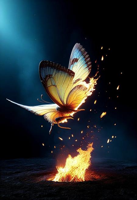 a piece of butter flying, in mid-air, on fire, 
3d-rendering, concept-art, digital, dreaminess, futuristic, multimedia, sculpture, virtual-reality, 
eeriness, fantasy, photorealism, other-worldliness, realism, sci-fi, technological, alien worlds, advanced civilizations, 
intricate details, highly detailed, ultra-detailed, absurdres, unreal engine, octane rendering, high contrast, vivid, vibrant, volumetric lighting, sharp focus, 
aid291, midjourneyv6.1, 
butterflyStyle