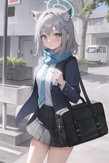 1girl, shiroko (blue archive), animal ears, solo, scarf, skirt, halo, grey hair, blue eyes, school uniform, hair ornament, gloves, looking at viewer, jacket, bag, necktie, blue scarf, animal ear fluff, outdoors, pleated skirt, cross hair ornament, leaf, shirt, parted lips, bangs, plaid skirt, school bag, open clothes, blurry, mismatched pupils, medium hair, white shirt, blue necktie, blurry background, plaid, long sleevess, highres,masterpiece, best quality