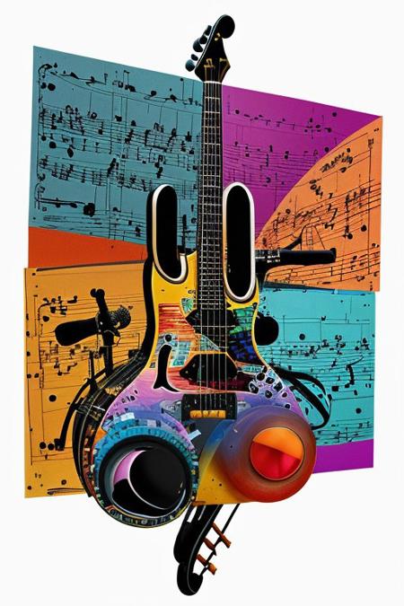 Create a striking abstract collage using vibrant cutout images of musical instruments. Blend them together in an unusual way with glitch effects.