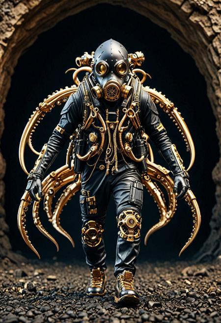 8k, Tilt shift photography style, qu4ntum, mechanical zombie, walking, shark octopus head, octopus gold tentacles, black gas mask, gold armor, thick shark arms, black face visor, mechanical back pack, gold circuits, propeller, walking on the cave, simple dark background, minimalist, extremely detailed,