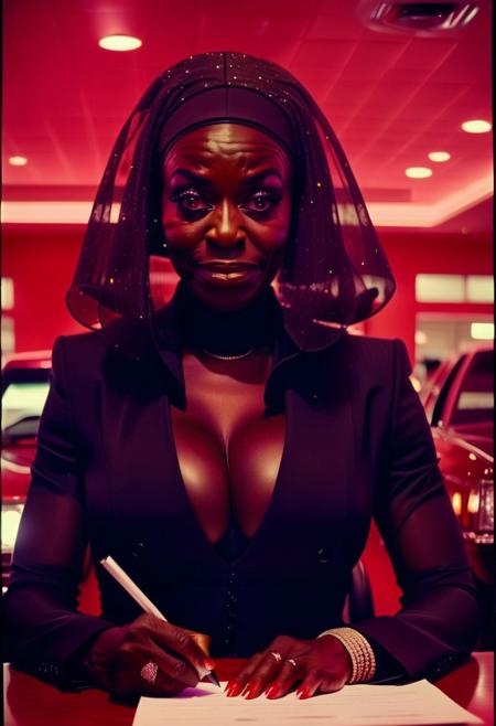 ()Hyoer Realistic:2.0)Polaroid picture of 
a hyper realistic Movie Still of (80 years old ((busty:1.3)) (((african american))) women) 
their (possessed glowing eyes:1.70)
 image of a luxurious, high-end car dealership, where a group of beautiful, busty mature women, dressed in sleek, high-heeled outfits, (standing in full view at a dealerships office:1.88), surrounded by hypnotic, pulsing lights.
BREAK
(Theirfaces slackening into a serene, obedient expression, as (the women  ((blindly signing a paper contract with a hypnotic smirk on her face)) displaying a  40% APR interest rate:1.66) . :2.30)