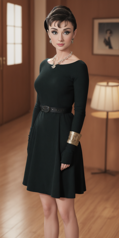 ((AudreyHepburn)), mj3d style,3dmm,3d,((full body shot:1.3)), bokeh:1.2, indoors, a beautiful woman, (standing), (black evening dress with turtleneck), feet, (high-heels), looking at viewer,((necklace)), (22 years old woman), medium breast, small waist, (green eyes, beautiful eyes), beautiful face, perfect illumination, beautiful detailed eyes, looking at viewer, stunningly beautiful woman, detailed hairstyle,  good hands,  detailed hands, good feet, (8k, RAW photo, best quality, masterpiece:1.2), (realistic, photo-realistic:1.37), ultra high res, photon mapping, radiosity, physically-based rendering, (ambient light:1.3), (cinematic composition:1.0),professional soft lighting, light on face,