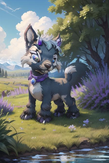 (masterpiece, best quality, highly detailed:1.0), ixi, <lora:Ixi:0.70>, montana, streams, clouds, bluish sky, few flowers, grazing, goat eating grass,black fur, white spots, bright violet eyes