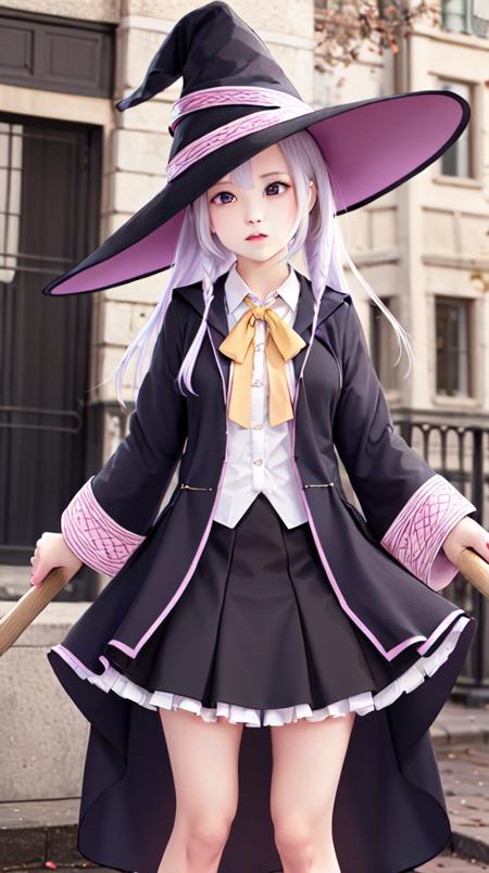 <lora:elaina-000080:0.6>,elaina_face, 1girl, solo, hat, shirt, witch hat, skirt, flower, white shirt, purple eyes, black headwear, braid, looking at viewer, bow, long sleeves, frilled skirt, collared shirt, black skirt, broom, frills, open robe, bangs, outdoors, robe, wide sleeves, ribbon, building, open clothes, bowtie, black robe, petals, feet out of frame, yellow bow, neck ribbon,