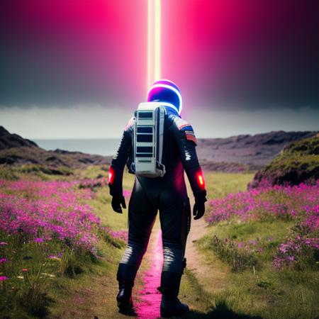 neon-ground-astronaut scifi style,a human male man figure in astronaut suit in field,helmet glowing pink, dynamic lighting, atmosphere  lighting, hyper detail features, ray tracing, high flare, 3D, cinematic lighting, dark shadows, unrealistic Engine 5 rendering, hyper detail,trending on artstation, 4k,extremely high details, ultra hd, hdr, 8k, extremely high details