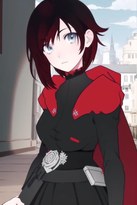 rubyrose, <lyco:rubyrose-lyco-nochekaiser:1>,
ruby rose, short hair, black hair, red hair, (grey eyes:1.5),
BREAK dress, pantyhose, cape,
BREAK looking at viewer,
BREAK outdoors,
BREAK <lora:GoodHands-vanilla:1>, (masterpiece:1.2), best quality, high resolution, unity 8k wallpaper, (illustration:0.8), (beautiful detailed eyes:1.6), extremely detailed face, perfect lighting, extremely detailed CG, (perfect hands, perfect anatomy),