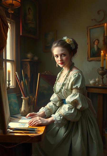 A dreamy, nostalgic moment in a quiet artist’s studio, where the play of light enhances the scene’s warmth, and every small detail—from the brushes to the sitter’s expression—feels alive with depth and personality. warm nostalgic realism, richly detailed genre scene, soft luminous portraiture, delicate aristocratic elegance, refined historical attire, painterly textures with impressionistic warmth, storytelling atmosphere, candlelit interiors or golden sunlight