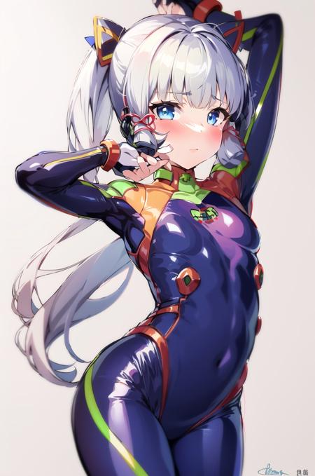 1girl, souryuu asuka langley, solo, plugsuit, blue eyes, long hair, breasts, red bodysuit, bodysuit, looking at viewer, orange hair, interface headset, bangs, closed mouth, cowboy shot, arm up, grey background, simple background, small breasts, blush, two side up, signature, (masterpiece,best quality)