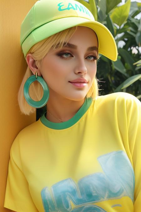 masterpiece, best quality, 1girl, aqua eyes, baseball cap, blonde hair, closed mouth, earrings, green background, hat, hoop earrings, jewelry, looking at viewer, shirt, short hair, simple background, solo, upper body, yellow shirt  