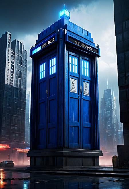 CGI concept art, A towering, heavily fortified skyscraper that looks like a Blue Police Box (TARDIS) exudes technological advancement, its concrete façade reflecting neon accents off wet metallic surfaces in a dark, gritty, and atmospheric scene