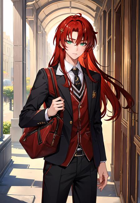 ((masterpiece,best quality)), 1boy, argenti, green eyes, school uniform, black pants, school bag,