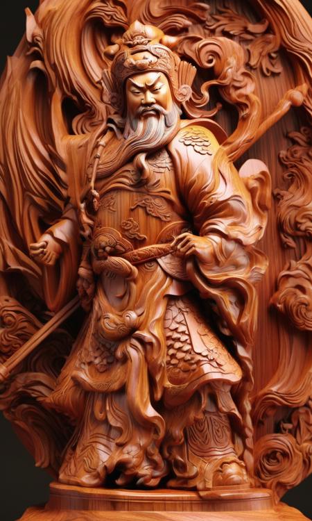 A woodcarving guan yu,rosewood,smooth surface,(full_body),rimming light,Wood grain background,playful illustrations,playful,dreamy imagery,Chinese style,extremely detailed,artstation,8k,soft lighting,soft contrast,incredible art,wlop,artgerm,<lora:woodcarving:0.6>,