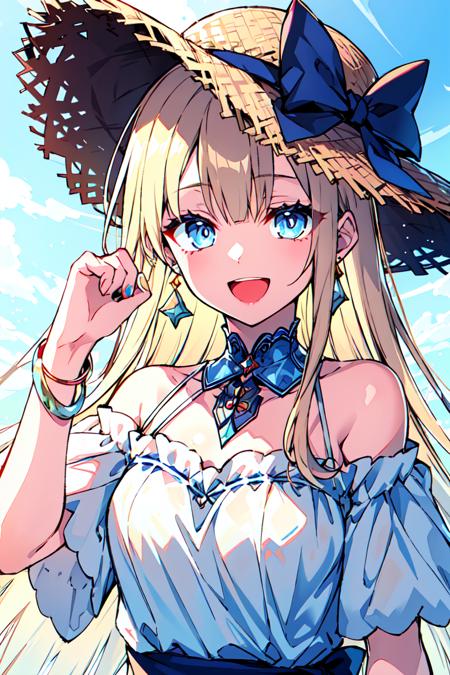 <lora:Toosaka Asagi:0.8>1girl, solo, hat, jewelry, blonde hair, long hair, smile, bracelet, earrings, blue eyes, looking at viewer, open mouth, :d, dress, bangs, upper body, straw hat, bare shoulders, hand on headwear, bow, white dress, off shoulder