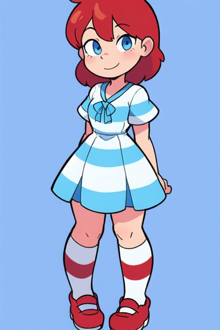 1girl,  <lora:WendyW:0.7>,  wendyw, striped socks, white and blue dress, red hair