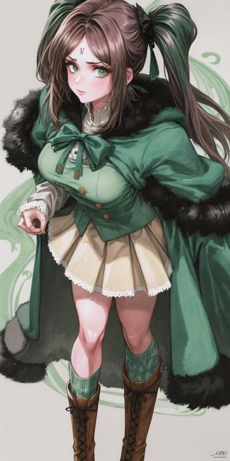 overdetalized, high resolution, 1990s\(style\), retro art, cowboy shot, 1 girl, from above,looking at the viewer, solo, confused, black and green,fur coat with fur trim, white,skirt, green,knee socks with black pattern, high boots, brown hair, light green eyes,  background,castle <lora:add_detail:1.0>,   <lora:FourV1.0:0.7>