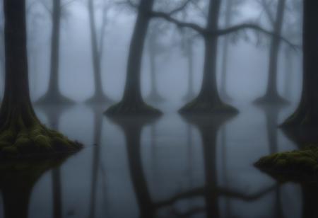 masterpiece, photorealistic, bayou, swamp, moss, trees, dark, spooky, foggy, serene, peaceful, uninhabited