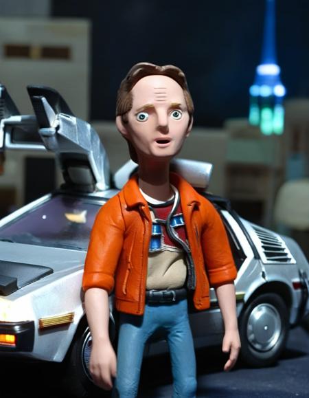 clayanim, (close-up,:1.3) young Michael J. Fox as Marty McFly from movie back to the future, wearing orange sleeveless jacket, delorean at background, night, DOF, sharp focus