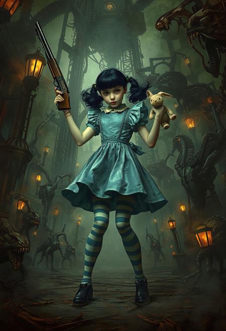 A dark and nightmarish steampunk world inspired by Tim Burton, Zdzisław Beksiński, and H.R. Giger. Towering twisted machinery and gothic architecture merge with bizarre organic structures, creating an unsettling atmosphere. Dorothy, with black pigtails, a sky blue dress, white and blue striped stockings, and black shoes, stands in a dynamic, defiant pose. In one hand, she holds an old-fashioned, menacing shotgun raised high as if ready to fire, and in the other, she clutches a worn, battered bunny doll. Her stance is slightly crouched, ready to spring into action, with her dress and hair billowing dramatically as if caught by an ominous wind. The background teems with menacing mechanical creatures, flickering gaslights, and swirling shadows, adding to the sense of chaotic energy and surreal menace.