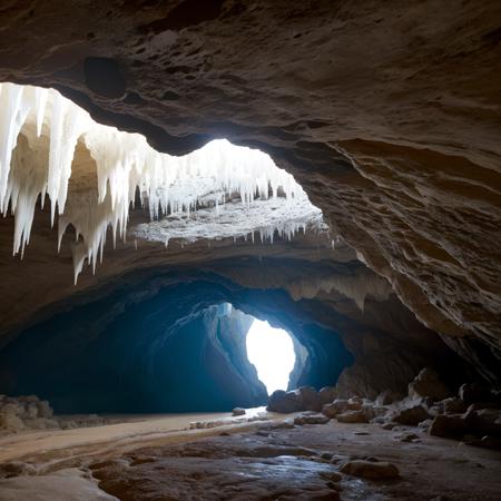 The image you provided shows an interior view of a cave with various geological formations. Here's a detailed description:
- **Stalactites**: These are formations that hang down from the ceiling of the cave. They appear jagged and irregular in the image.
- **Stalagmites**: These formations rise up from the floor of the cave. Some are tall and slender while others are shorter.
- **Flowstone Formation**: There is a notable flowstone formation on one side of the image. It looks like cascading liquid frozen in time, which is a common characteristic of flowstones.
- **Ground Features**: The ground is uneven with ridges and depressions. These are indicative of mineral deposits over time.
- **Coloration**: The coloration in the cave varies throughout with shades of brown, white, and grey. These colors indicate different mineral compositions.
- **Lighting**: There's no artificial lighting visible in the image. Natural light illuminates parts of the formations, creating shadows and highlights that add depth to the image.
These formations are typically formed by the deposition of minerals from water dripping or flowing through the cave over thousands to millions of years. The exact process can vary depending on the specific conditions within the cave, including the amount of water, the types of minerals present, and the temperature and humidity levels.