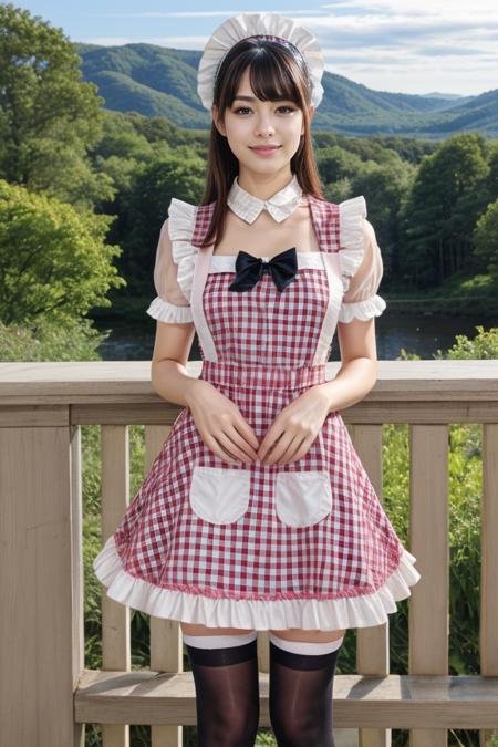 1 woman, detailed, realistic, standing, full body shot, scenic view
<lora:Maid Dress 2 By Stable Yogi:0.8> pink plaid maid dress, apron, thighhighs