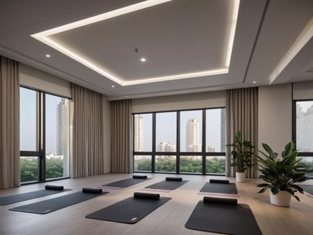 Architectural style <lora:JJsGym_XL:1>, masterpiece , best quality, ((yoga), Masterpiece, high quality, best quality, authentic, super detail ,windows ,curtains, dslr, soft lighting, high quality, ceiling light , plant,no humans, . Clean lines, geometric shapes, minimalist, modern, architectural drawing, highly detailed