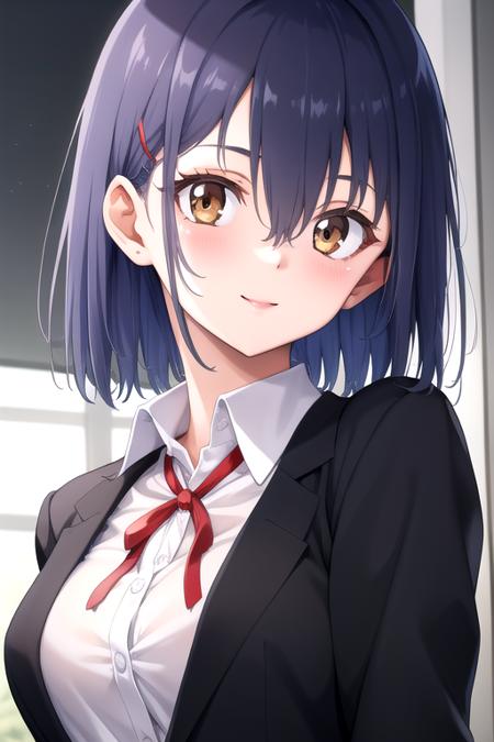 ((masterpiece)),(best quality),official art,extremely detailed CG,unity 8k wallpaper,ultra detailed,beautiful detailed eyes,extremely detailed face,1girl,solo,upper body,(portrait:1.5),looking at viewer,facing viewer,smile,shy,hoshizuki suzu,medium hair,blue hair,sidelocks,hair between eyes,brown eyes,black jacket,open jacket,collared shirt,white shirt,red ribbon,long sleeves,large breasts,miniskirt,grey skirt,pleated skirt,zettai ryouiki,black thighhighs,loafers,<lora:Hoshizuki Suzu(kts)>,