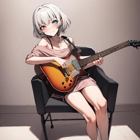 1girl, kaname raana, looking cute, guitar, sitting on chair, masterpiece, latest, vibrant colors <lora:mygo_aio_xl_a3_3-000018:1>