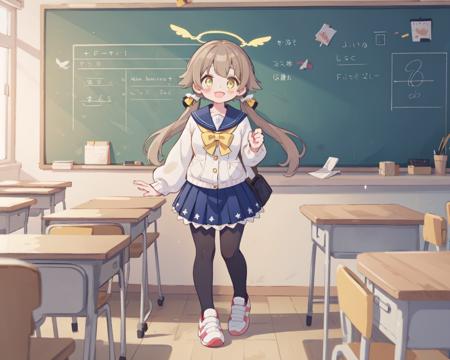 <lora:hifumi-t94-e6:1>
ajitani hifumi
, 1girl
, school uniform, halo, [yellow eyes, long sleeves,  low twintails, light brown hair, black pantyhose:4]
, :d
, full body, [medium breasts:large breasts:4], solo, [sneakers:2].
classroom.
close-up.