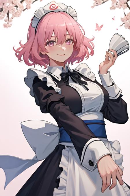 best quality, masterpiece, highres, solo, {maid:1.40}, {long maid dress:1.15}, {saigyouji_yuyuko_touhou:1.15}, pink_hair, triangular_headpiece, hat, short_hair, pink_eyes, mob_cap, blue_headwear, bangs, smile, hair_between_eyes, upper_body, sash, breasts, ribbon