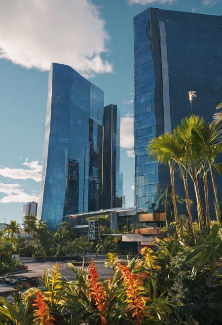 A photorealistic scene of Anchorage, Alaska during the summer solstice, but with a tropical climate. The cityscape features modern and cyberpunk buildings with neon lights, set against a backdrop of lush, vibrant tropical vegetation and palm trees. The sky is a deep blue with a few fluffy white clouds, and the sun is high, casting a warm, golden glow. The streets are lined with exotic flowers and greenery, contrasting with the sleek, metallic architecture. The atmosphere is a blend of futuristic and tropical, capturing the essence of a unique and imaginative urban environment. High-resolution, detailed textures, and a dynamic interplay of light and shadow.