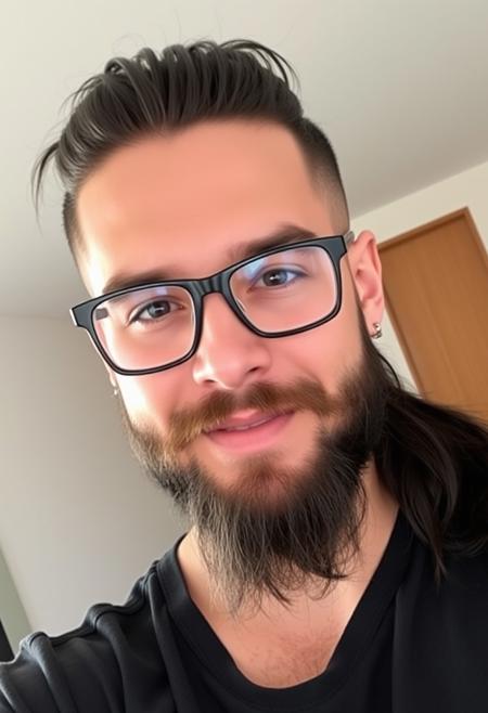 Selfie of a 32 year old male, attractive face, white, American, [Mexican], long dark hair with shaved sides, hair in a ponytail, [sad eyes], brown eyes, small nose, (full lips), thick long groomed beard, iphone camera picture, digital photograph, black rectangle glasses. confident face, [smille], wearin a black shirt,