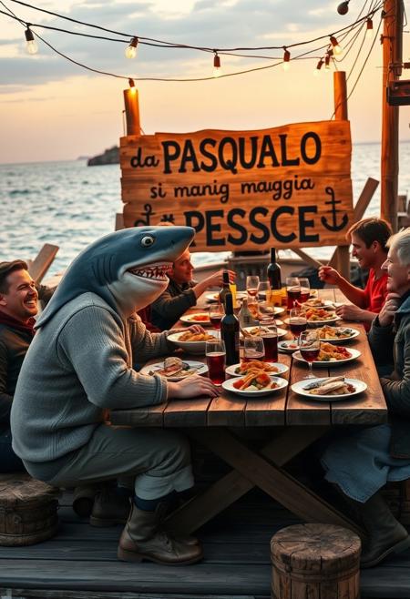 An Italianized humanoid shark named ‘Pasqualo,’ with a muscular body, gray shark-like skin, and sharp teeth, sits at a large wooden table on a seaside pier during sunset. He has black eyes, a prominent dorsal fin, and a friendly grin. Dressed in a rugged fisherman’s outfit, including a weathered wool sweater, rolled-up pants, and boots, Pasqualo blends seamlessly into the scene with his human fisherman friends. They laugh and chat around the table, their sun-baked skin and salt-worn clothes reflecting a life spent at sea.
The table is covered with rustic Italian seafood dishes: grilled fish, steaming bowls of pasta, crusty bread, and wine bottles. Half-filled glasses suggest recent toasts, and plates are scattered in a laid-back, festive atmosphere. Overhead, warm string lights cast a golden glow on the gathering.
In the background, a large wooden sign, slightly worn and hand-painted, reads ‘da PASQUALO si mangia PESCE.’ It’s mounted on a weathered post with a couple of seagulls perched on top. The sea behind them is calm, with fishing boats gently rocking in the harbor. The setting captures the authentic feel of an old Italian coastal town, with Pasqualo smiling and enjoying the meal with his closest friends, blending the fantastical with the familiar and realistic.