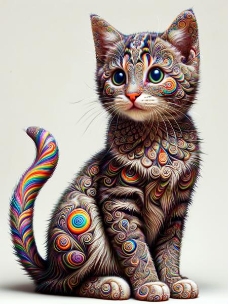 A playful kitten with ais-spirals patterns on its fur, sitting in a simple room with a plain background <lora:Colorful_Spirals_SDXL:1>.