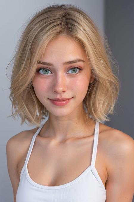 (face like emmatopdown),  body like goose_fit_girl,
blonde hair, athletic body,  eyecandy, desirable, 
(tiny breasts), beautiful green eyes, fit body,
 realistic,  
(wearing white sundress ),
nervous, tiny smile, 
(tears in eyes,( tears running down face,) )