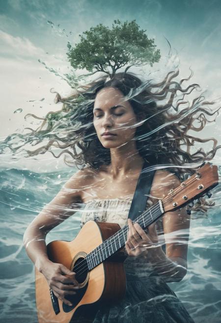 A musician playing a guitar with musical notes and instruments subtly merging with the musician's figure, creating a harmonious double exposure of sound and sight."
"A portrait of a woman with flowing hair blended with ocean waves, capturing the fluidity and power of water in a double exposure photograph."
"A close-up of a person's hands holding a sapling, with the tree's roots and branches intermingling with the hands, symbolizing growth and nurturing in a double exposure style."