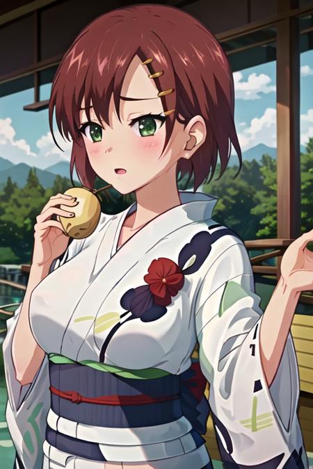 best quality, masterpiece, highres, solo, {yukata:1.40}, {kimono:1.20}, {sana_kuranaka_onichichi:1.15}, short_hair, brown_hair, blush, hair_ornament, hairclip, green_eyes, breasts