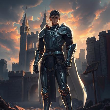 anime illustration of a man in shining knight's armor, full body view, standing in front of a ruined castle, dramatic lighting, detailed intricate armor design, fantasy, cinematic, highly detailed, by Yoshitaka Amano and Katsuya Terada, 4k resolution, epic composition