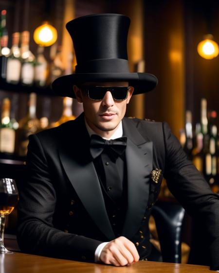 1boy, hat, top hat, cup, male focus, solo, sitting, sunglasses, table, jacket, ascot, indoors, black headwear, blurry, bar (place), black jacket, blurry background, drinking glass, holding, a man in a top hat and a skeleton face sitting at a table with a drink