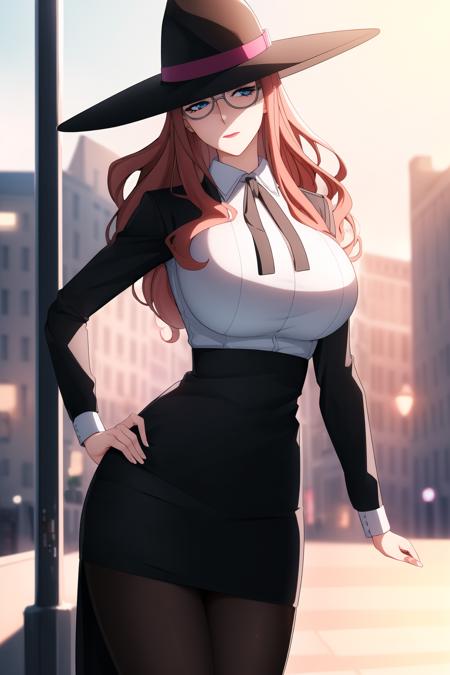 (day), a city with a lot of buildings and a clock tower in the middle of it's center,
Standing at attention,
black Jacket,black headwear,witch hat,pantyhose,long sleeves,White_collared shirt, black ribbon,Black_Pencil_skirt,
<lora:more_details:0.1>,<lora:Sylvia_Sherwood_SPY-KK77-V1:0.7>,glasses,
long hair,red hair,blue eyes,lipstick,
1 girl, 20yo,Young female,Beautiful Finger,Beautiful long legs,Beautiful body,Beautiful Nose,Beautiful character design, perfect eyes, perfect face,expressive eyes,
looking at viewer, in the center of the image,(Upper_body),(Focus on her face),
official art,extremely detailed CG unity 8k wallpaper, perfect lighting,Colorful, Bright_Front_face_Lighting,shiny skin, 
(masterpiece:1.0),(best_quality:1.0), ultra high res,4K,ultra-detailed,
photography, 8K, HDR, highres, absurdres:1.2, Kodak portra 400, film grain, blurry background, bokeh:1.2, lens flare, (vibrant_color:1.2)
(Beautiful,large_Breasts:1.4), (beautiful_face:1.5),(narrow_waist),