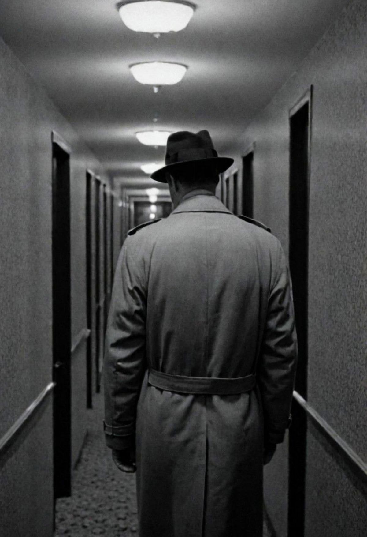 A man wearing a trench coat and hat walking down a hallway.