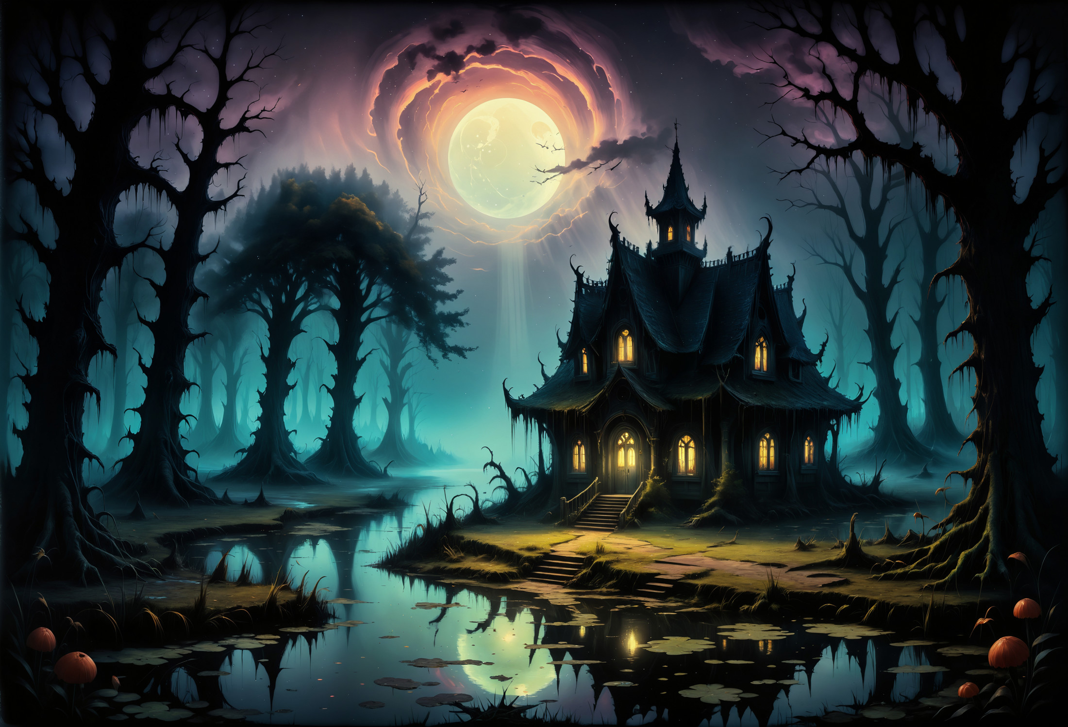 zavy-mthcl, summer, ink painting, acrylic, a creepy haunted house in a swamp at night with an eerie glow, by Craola, Dan M...