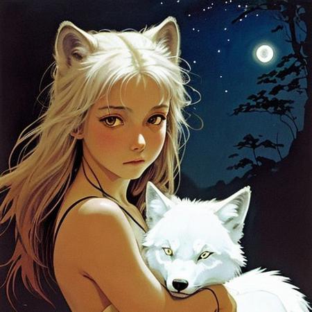 gradient flat color, wild nature child girl , deep shadows, glowing stars, night moon, translucent lighting, white wolf spirits, Studio Ghibli, Frank Frazetta