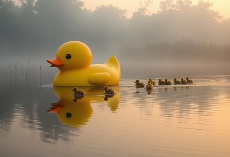 a giant yellow rubber duck being followed by ducklings. reflecting in the still waters, mist, dawn, reeds